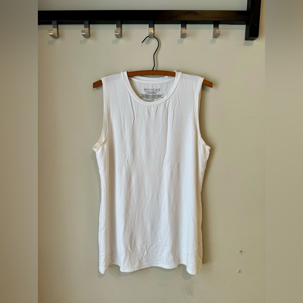 Encircled Pure White High Scoop Neck Sleeveless Shirt